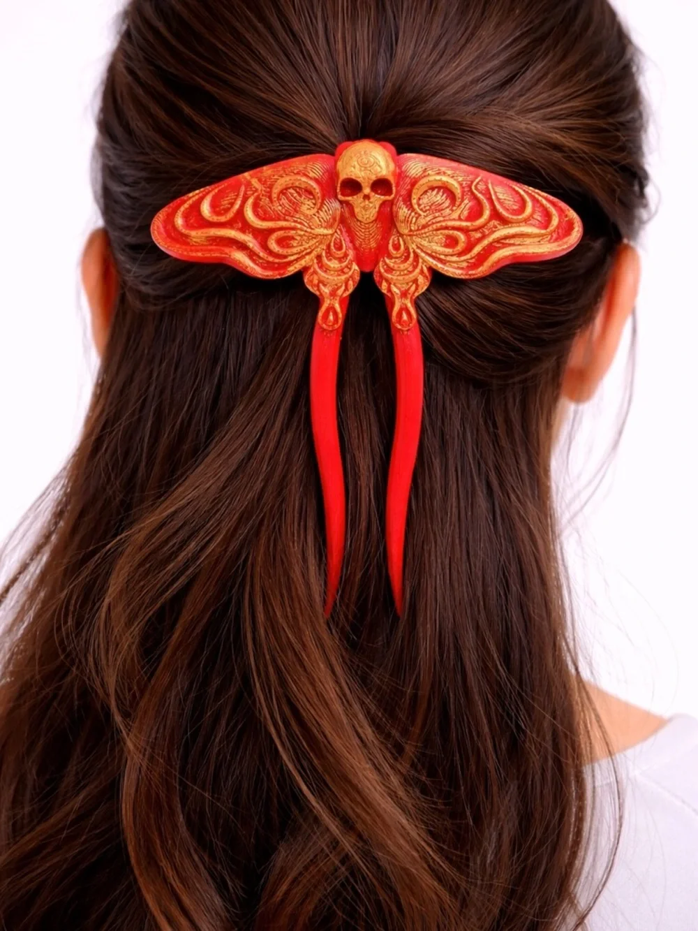 Skull Moth Hair Pin | Hand Painted Red & Gold Gothic Hair Pin